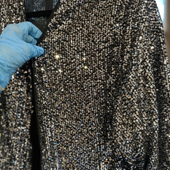 Silver Sequin Bracelet sleeve Open Front Long Cardigan - Picture 5 of 6